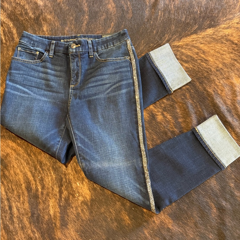 Chico's Dark Blue Ankle Jeans with Bling Stripes